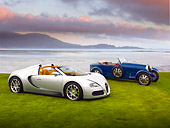 AUT 02 RK0112 01
2008 Bugatti Veyron 16.4 Grand Sport Roadster Silver And 1929 Bugatti Type 43 Grand Sport Blue 3/4 Front View On Grass By Ocean