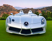 AUT 05 BK0002 01
2009 Mercedes-Benz McLaren SLR Stirling Moss Roadster Silver Front View On Grass