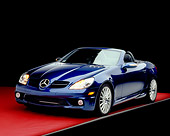 AUT 05 RK0407 07
2005 Mercedes SLK55 Roadster Blue 3/4 Front View On Red Floor Gray Line Studio