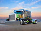 AUT 07 BK0002 01
2002 Peterbilt 379 Big Rig Black With Green Flames 3/4 Front View On Pavement By Water And Sunset