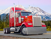 AUT 07 BK0007 01
Kenworth Big Rig Red With Yellow Flames 3/4 Front View On Road By Snowy Mountains