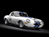 AUT 13 RK0330 01
1963 Jaguar Lightweight E-Type 5114 WK White With Blue Stripes 3/4 Front View In Studio