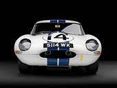 AUT 13 RK0332 01
1963 Jaguar Lightweight E-Type 5114 WK White With Blue Stripes Head On View In Studio