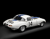 AUT 13 RK0334 01
1963 Jaguar Lightweight E-Type 5114 WK White With Blue Stripes 3/4 Rear View In Studio