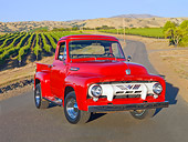 AUT 14 BK0045 01
1954 Ford F-100 Pickup Truck Red 3/4 Front View On Pavement By Crops