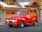 AUT 14 BK0047 01
1954 Ford F-100 Pickup Truck Red 3/4 Front View On Pavement By Trees