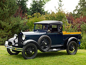 AUT 18 RK0292 01
1928 Ford Model A Roadster Pickup Washington Blue Front 3/4 View On Grass By Trees Sky