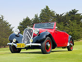 AUT 19 BK0003 01
1938 Citroen Traction Roadster Red And Black 3/4 Front View On Grass By Trees