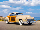 AUT 20 RK0384 01
1948 Chrysler Town & Country Convertible Beige 3/4 Front View On Pavement By Ocean