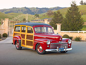 AUT 20 RK0481 01
1947 Ford Woodie Red 3/4 Front View On Pavement By Gate And Grassy Hills