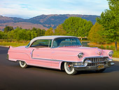 AUT 21 RK2542 01
1955 Cadillac Coupe de Ville Pink 3/4 Front View On Pavement By Hills