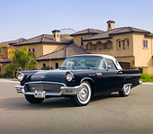AUT 21 RK2652 01
1957 Ford Thunderbird Black 3/4 Front View On Pavement By House