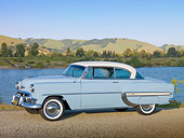AUT 21 RK2698 01
1953 Chevrolet Bel Air Blue And White 3/4 Side View On Gravel By Lake