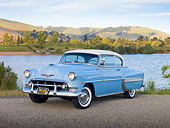 AUT 21 RK2704 01
1953 Chevrolet Bel Air Blue And White 3/4 Front View On Gravel By Lake