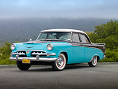 AUT 21 RK2720 01
1956 Dodge Royal Hardtop Blue, Black And White 3/4 Front View On Pavement By Trees And Fog