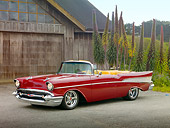 AUT 21 RK2754 01
1957 Chevrolet Bel Air Convertible Red 3/4 Front View On Pavement By Flower Farm