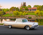 AUT 21 BK0013 01
1958 Ford Ranchero White And Bronze 3/4 Front View On Pavement By Pond