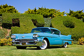 AUT 21 RK2316 01
1958 Cadillac Series 62 Coupe Blue 3/4 Front View On Grass By Hedge