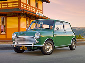 AUT 22 BK0082 01
1967 Austin Mini Cooper Mark II Green 3/4 Front View On Pavement By Building