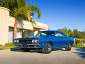 AUT 22 RK2929 01
1969 Dodge Hemi Charger 500 Blue 3/4 Front View On Pavement By Building
