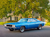 AUT 22 RK2932 01
1969 Dodge Hemi Charger 500 Blue 3/4 Front View On Pavement By House