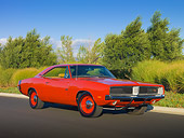 AUT 22 RK2936 01
1969 Dodge Hemi Charger R/T Red 3/4 Front View On Pavement By Trees