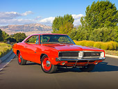 AUT 22 RK2937 01
1969 Dodge Hemi Charger R/T Red 3/4 Front View On Pavement By Trees