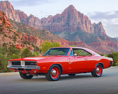 AUT 22 RK2939 01
1969 Dodge Hemi Charger R/T Red 3/4 Front View On Pavement By House