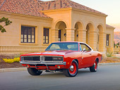 AUT 22 RK2940 01
1969 Dodge Hemi Charger R/T Red 3/4 Front View On Pavement By House