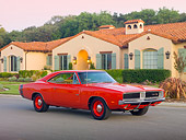 AUT 22 RK2942 01
1969 Dodge Hemi Charger R/T Red 3/4 Front View On Pavement By House