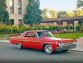 AUT 22 RK2950 01
1964 Dodge Polara 500 Convertible Red 3/4 Front View On Pavement By Garden