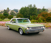 AUT 22 RK3058 01
1964 Dodge Hemi Green 3/4 Front View On Pavement By Trees And Pink Flowers