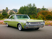 AUT 22 RK3059 01
1964 Dodge Hemi Green 3/4 Front View On Pavement By Trees And Pink Flowers