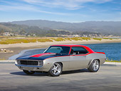AUT 22 RK3070 01
1969 Chevrolet Camaro Pro Street Red, Black And Silver 3/4 Rear View On Pavement By Beach