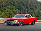 AUT 22 RK3081 01
1966 Chevrolet Chevelle Red 3/4 Front View On Pavement By Hill And Trees