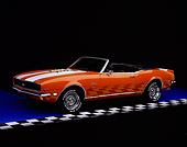 AUT 22 RK0117 02
1968 Chevrolet Camaro 350 RS/SS Convertible Orange White Stripes 3/4 Side View On Checkered Line Studio