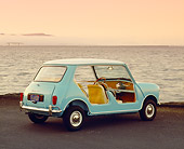 AUT 22 RK2279 01
1960 Austin, Mini Beach, Aqua White Top 3/4 Rear View On Pavement By Ocean