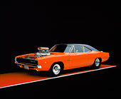 AUT 22 RK2324 04
1968 Dodge Charger Hemi Orange 3/4 Front Shot On Red Floor Studio