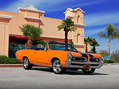 AUT 22 RK2432 01
1966 Pontiac GTO Convertible Orange Black Stripes Low 3/4 Front View On Pavement