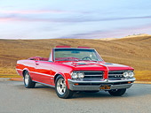 AUT 22 RK2747 01
1964 Pontiac GTO Convertible Red 3/4 Front View On Pavement By Hills