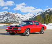 AUT 23 RK1837 01
1974 Pontiac Firebird Formula 400 Red 3/4 Front View On Pavement By Hills