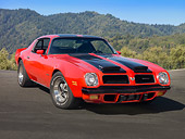 AUT 23 RK1982 01
1974 Pontiac Firebird Formula 400 Red 3/4 Front View On Pavement By Trees