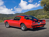 AUT 23 RK1986 01
1974 Pontiac Firebird Formula 400 Red 3/4 Rear View On Pavement By Trees