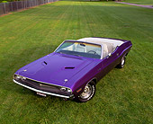 AUT 23 RK0208 02
1971 Dodge Challenger Convertible Plum Crazy Overhead 3/4 Front View On Grass