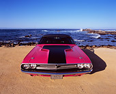 AUT 23 RK0834 01
1971 Dodge Challenger Pink And Black Wide Angle Head On Shot On Sand By Ocean