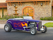 AUT 26 RK2847 01
1932 Ford Roadster Hot Rod Purple 3/4 Front View On Pavement By Building