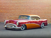 AUT 26 RK2878 01
1954 Buick Special Hot Rod Burgundy And Orange 3/4 Front View On Pavement By Brick Wall