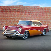 AUT 26 RK2879 01
1954 Buick Special Hot Rod Burgundy And Orange 3/4 Front View On Pavement By Brick Wall