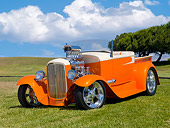 AUT 26 RK2906 01
1931 Ford Model A Roadster Pickup Truck Hot Rod Orange And Cream 3/4 Front View On Grass