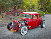 AUT 26 RK3016 01
1932 Ford 5 Window Coupe Red 3/4 Front View On Gravel By Trees